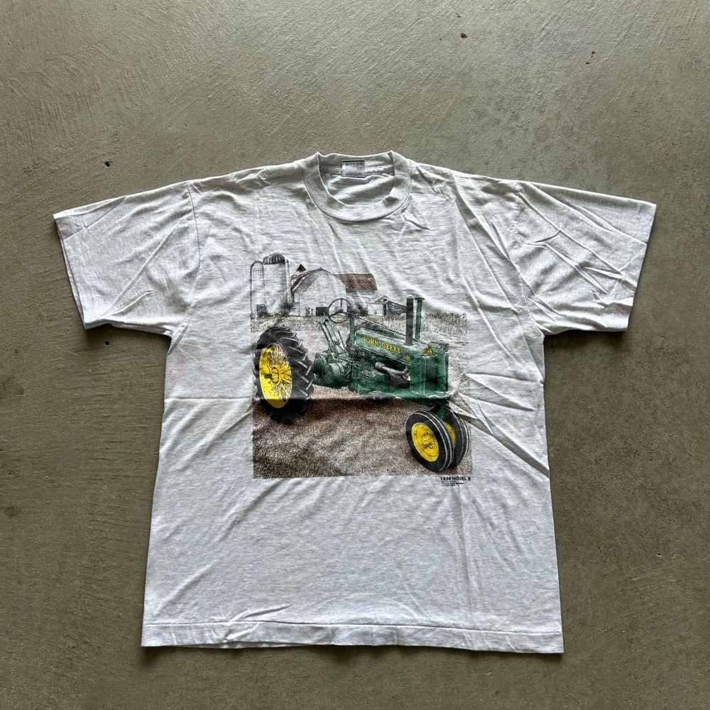 Vintage 90s John Deere Shirt Size Large Gray 1936 Model B Tractor Farm Equipment